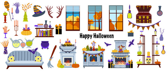 Fototapeta premium Set of cozy decor for the interior in the style of Halloween. Garlands, pumpkins, vases, festive decor, sofa, fireplaces. Vector illustration in the style of flat doodles.