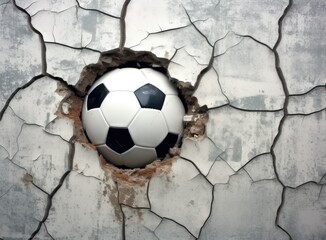 Sport soccer ball coming in cracked wall with grunge texture. Created with Generative AI technology.