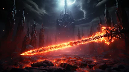 Fotobehang  fused sword radiating the fire of the underworld, it glows in the dark, 3d rendering art.  © ksu_ok