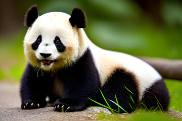 Naklejka premium panda eating bamboo. Generative AI