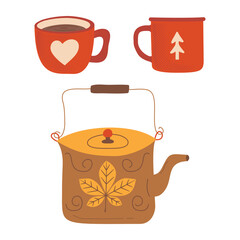 Autumn hand drawn clipart collection. Autumn kitchen utensils elements - retro teapot and coffee cup, mug . Cozy icons. Stock vector designs