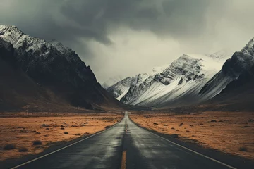 Zelfklevend Fotobehang The road near the mountain with snow covering it on a cloudy day, Generative AI © Imagify