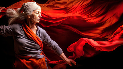 An elderly woman with gray hair in an expressive dance against the backdrop of a fluttering red...