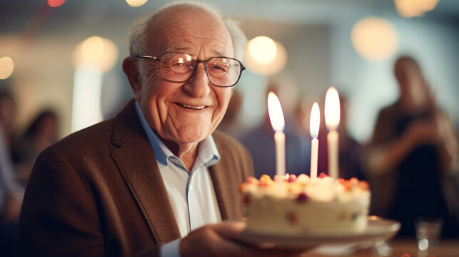 Elderly Man Blowing Out a Candle on a Birthday Cake