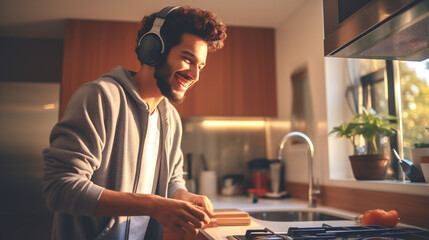 Smiling young man wearing wireless headphones cleaning home. Cleaning house. Generative Ai content