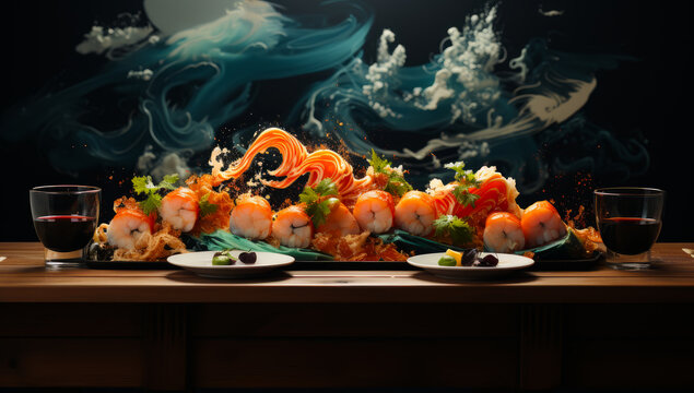 Raw sushi delicious food. Japanese traditional suhi roll. Generative AI.