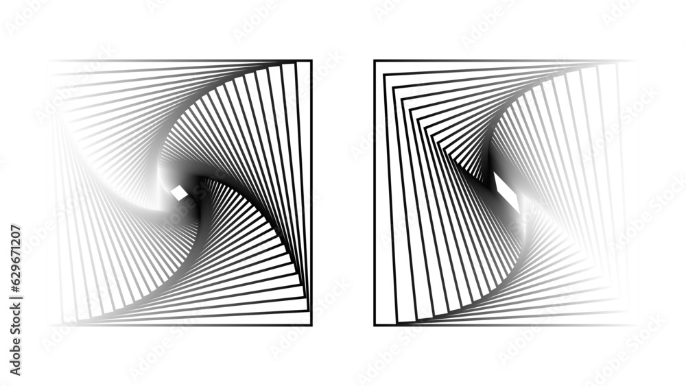 Poster set of gradient 3d twisted gradient spirals. geometry black-white tunnel with lines. abstract techno