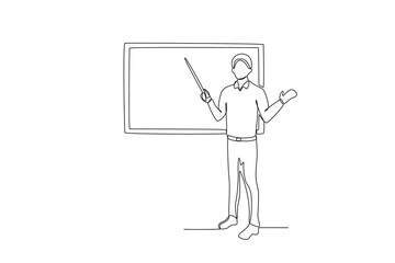 A man presents his report on the board. Presentation one-line drawing