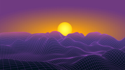 Futuristic 3d retro sunset with landscape on horizon. Digital style background of the 1980s. Neon mountains. Big Data visualization. Vector illustration.
