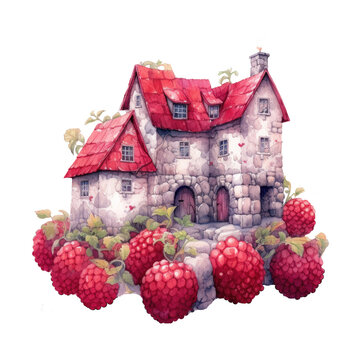 Watercolor illustration red berries srawberry houses clipart, book decor, best selling, fairytale art, generation ai