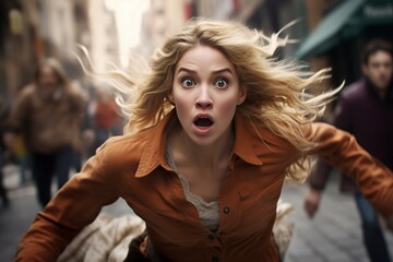 young blonde woman running in a panic