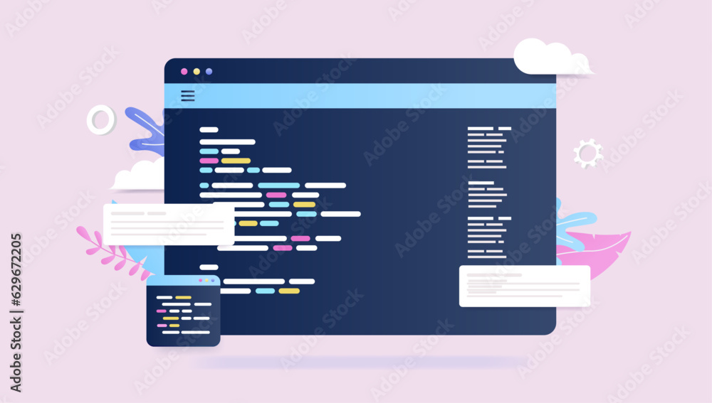 Fototapete Programming code - Vector illustration of abstracts web and software window with coding on screen. Semi flat style with light pink background
