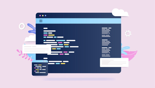 Programming code - Vector illustration of abstracts web and software window with coding on screen. Semi flat style with light pink background