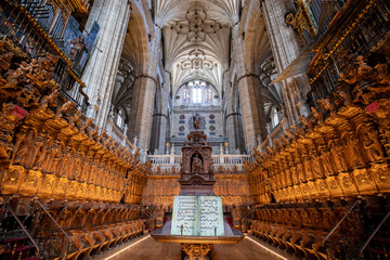 Choir of the cathedral of Salamanca, Castilla y Leon, Spain, with its baroque wooden stalls