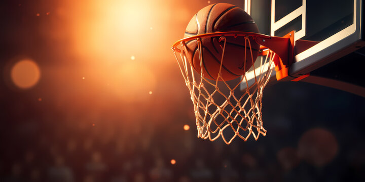 Banner sports tournament Basketball, ball on dark background court, copy space. Generation AI