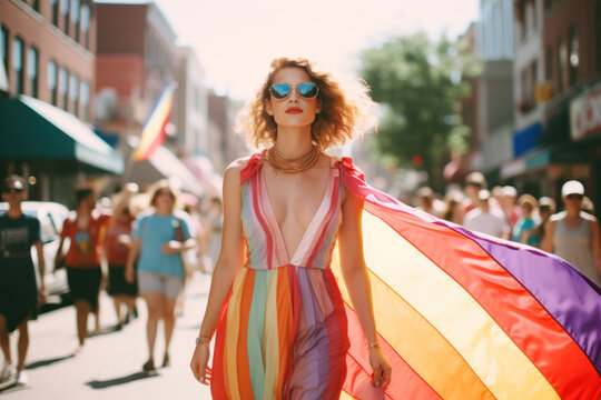 lgbtq+ community during pride parade celebrating pride month with colorful retro backgrounds in film photography style editorial setting generative art