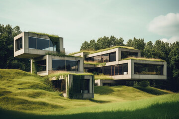 Modern architecture. Building with a grassy elements. An ecological village concept. Generative AI