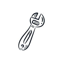 Monkey wrench key hand drawn sketch line drawing. Mechanic tool vector doodle icon logo illustration