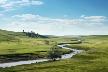 beautiful natural grassland with a small river.