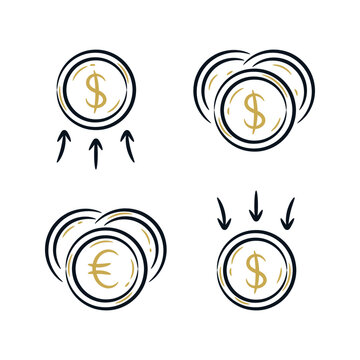 Coin money dollar and euro hand drawn sketch line drawing. Financial profit loss vector doodle icon logo illustration