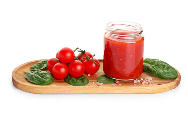 Jar with tasty tomato sauce and fresh vegetables on white background