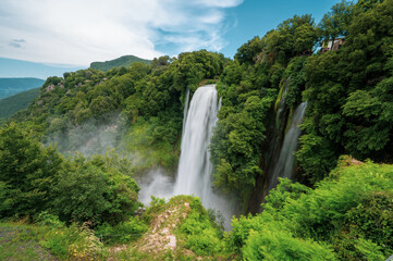 panoramic view of the Marmore waterfalls, the highest in Europe, in the Umbria region in the province of Terni. They give a sense of power, peace and freshness