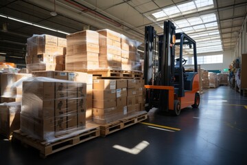 A large retail warehouse filled with shelves with goods stored on manual pallet trucks in cardboard boxes and packages. driving a forklift in the background Logistics and distribution facilities 