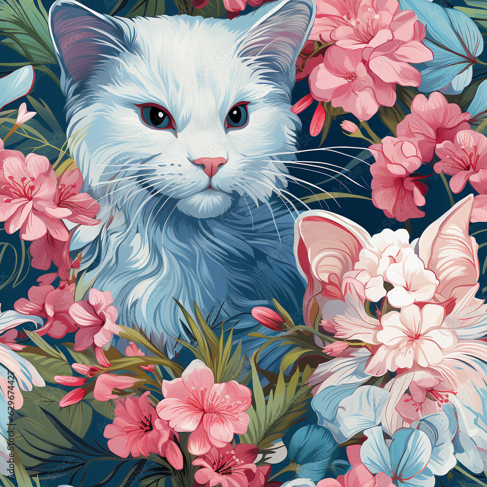 Aufkleber seamless pattern with cat and flowers. generative ai