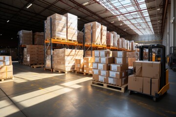 A large retail warehouse filled with shelves with goods stored on manual pallet trucks in cardboard boxes and packages. driving a forklift in the background Logistics and distribution facilities 