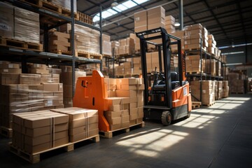 A large retail warehouse filled with shelves with goods stored on manual pallet trucks in cardboard boxes and packages. driving a forklift in the background Logistics and distribution facilities 