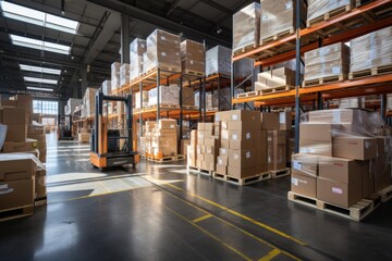 A large retail warehouse filled with shelves with goods stored on manual pallet trucks in cardboard boxes and packages. driving a forklift in the background Logistics and distribution facilities 