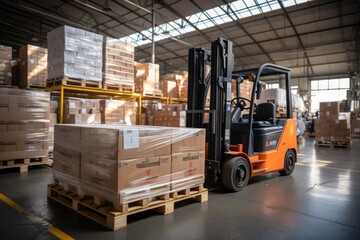 Naklejka premium A large retail warehouse filled with shelves with goods stored on manual pallet trucks in cardboard boxes and packages. driving a forklift in the background Logistics and distribution facilities 