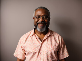 Fototapeta premium Portrait of the middle age bearded black man with a cheerful smile wearing a bright Hawaiian shirt stands alone on a pink background. Concept of active age.