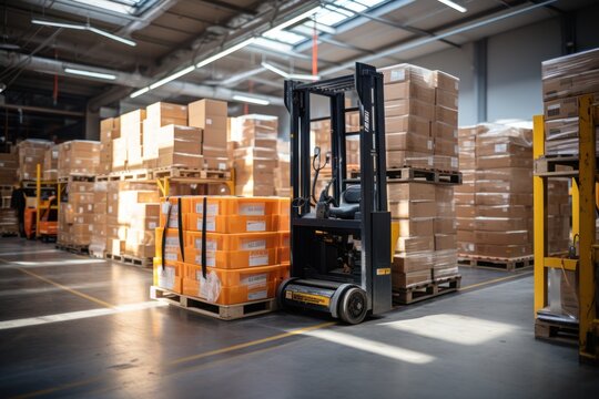 A large retail warehouse filled with shelves with goods stored on manual pallet trucks in cardboard boxes and packages. driving a forklift in the background Logistics and distribution facilities 