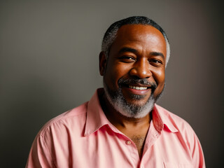 Fototapeta premium Portrait of the middle age bearded black man with a cheerful smile wearing a bright Hawaiian shirt stands alone on a pink background. Concept of active age.