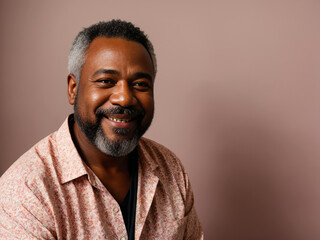 Obraz premium Portrait of the middle age bearded black man with a cheerful smile wearing a bright Hawaiian shirt stands alone on a pink background. Concept of active age.