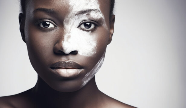 Portrait of an African American female fashion model with a painted face. Generative AI