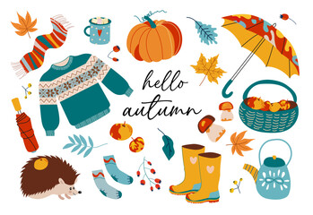 Autumn icons set: falling leaves, pumpkins, sweater, cute hedgehog, boots, basket of apples and more. Autumn season elements suitable for scrapbook, postcards, posters