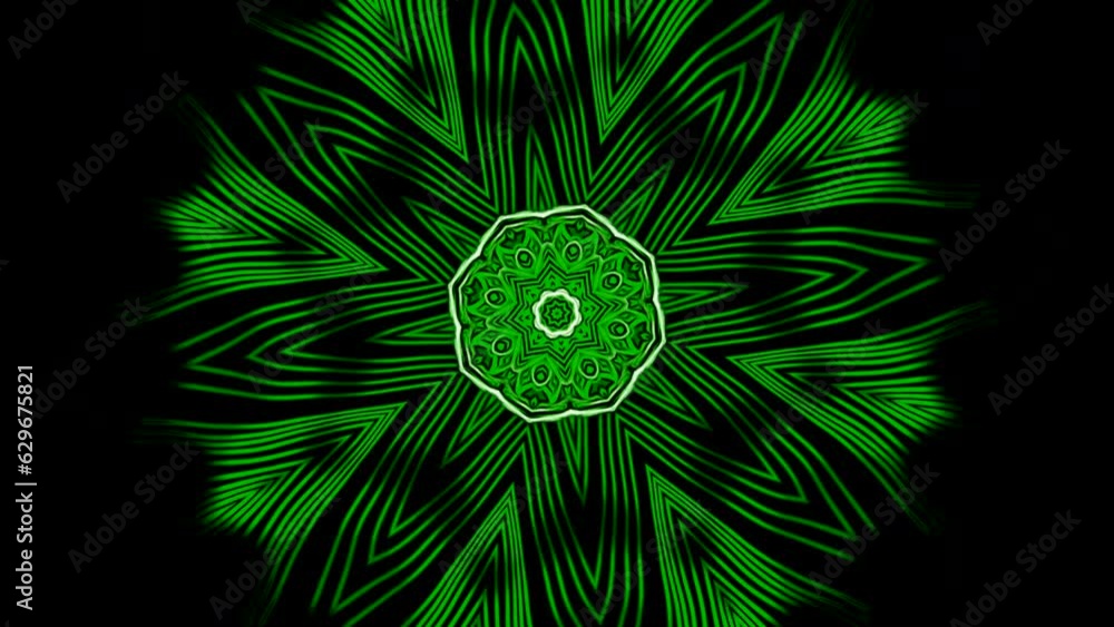 Poster neon mandala pattern pulsates on black background. design. beautiful pattern of glowing pulsating li
