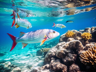 Great barrier reef, colorful fishes silver with holographic gradients, AI Generated