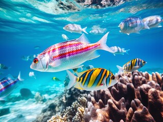 Fototapeta premium Great barrier reef, colorful fishes silver with holographic gradients, AI Generated