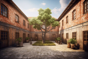 Fototapeta na wymiar Ancient prison, brick walls. Courtyard. AI generated.