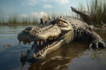 Crocodile attacks in the river. AI generated.