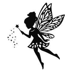 Cute little garden  fairy with a magic wand.
Fairy silhouette vector cartoon illustration