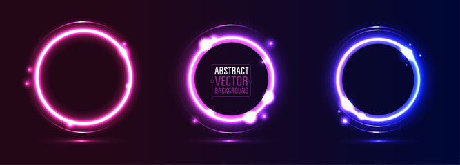 Set of Glowing Neon lighting Round Frames. Vector Collection of Pink, Violet, Blue Shining Neon light Circle Frames on Dark Background. 