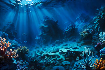 Undewater world landscape, reef, sea bottom with corals and seaweeds 