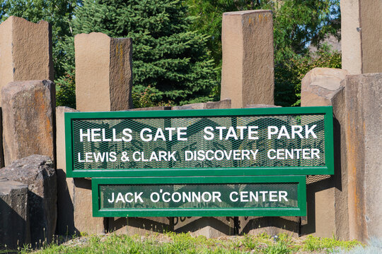 Hells Gate State Park-Lewis & Clark Discovery Center Sign on June 23, 2023 in Lewiston, Idaho, USA