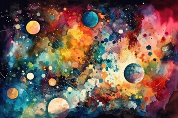 Space and planets in watercolor
