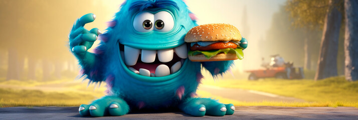 Banner with Cute chubby monster holding hamburger. Generative AI. Burger day. Character for children's book, comic book, video game. National Donut Day or Fat Thursday. Funny illustration for pizzeria