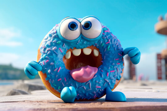 Cute Jelly donut with eyes. Generative AI. Funny creature with cheeseburger on background of autumn farm. Farm to Table Burgers concept. Header for website, advert